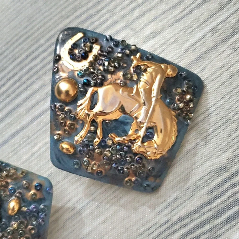 Rodeo Horse Cowboy Earrings OOAK‎ One-of-a-Kind Vintage Enamel Art Earrings